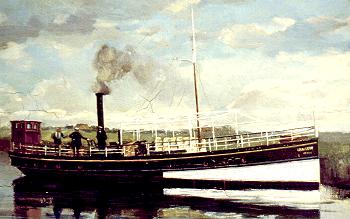 Schilderij van "Stoomboot Irnsum" met Durk Heida en de gebroeders Boorsma 